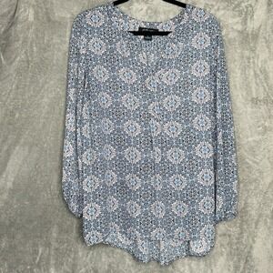 Faith & Zoe 2X Top Shirt Blue Pink Paisley V Neck 3/4 Sleeve Womens High Low